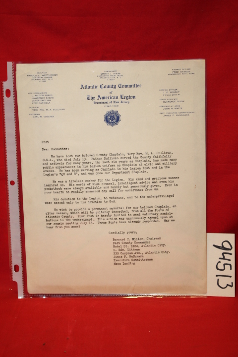 Atlantic County Committee of the Ame...: Letter Requesting a Memorial to Rev....