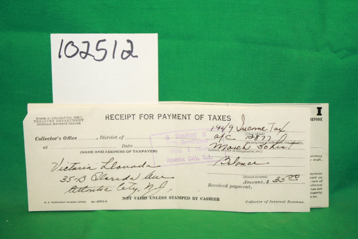 Atlantic City; LLanada, Victoria: Reciept for Payment of Taxes for 1949 Incom...