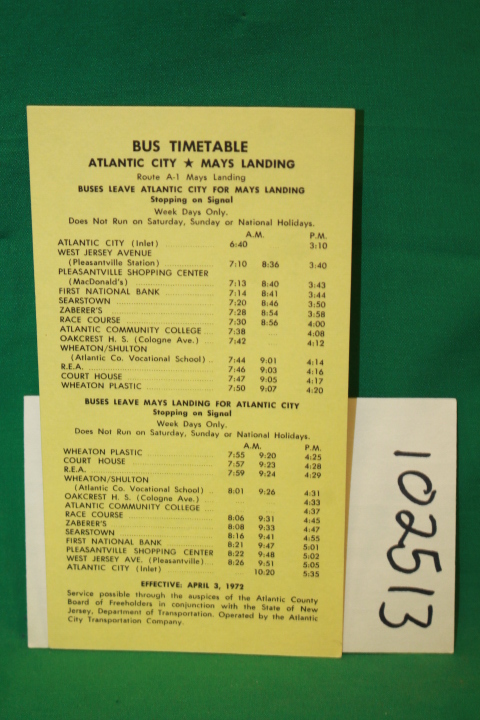 Atlantic City Transportation Company: Bus Timetable Atlantic City - Mays Landing